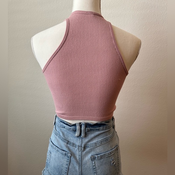 Pink High Neck Stretchy Ribbed Racer Back Crop Top Basic Size Small - Picture 5 of 5